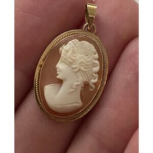 Antique 14K Rose Gold Coral Cameo Pendant Charm Victorian woman Art Nouveau 1”